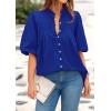 imagePRETTYGARDEN Womens 2025 Summer Short Lantern Sleeve Tops Loose Fit Button Down Shirt Casual Pleated V Neck BlousesBlue