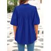 imagePRETTYGARDEN Womens 2025 Summer Short Lantern Sleeve Tops Loose Fit Button Down Shirt Casual Pleated V Neck BlousesBlue