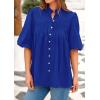 imagePRETTYGARDEN Womens 2025 Summer Short Lantern Sleeve Tops Loose Fit Button Down Shirt Casual Pleated V Neck BlousesBlue