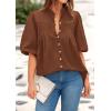 imagePRETTYGARDEN Womens 2025 Summer Short Lantern Sleeve Tops Loose Fit Button Down Shirt Casual Pleated V Neck BlousesBrown