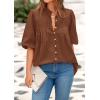 imagePRETTYGARDEN Womens 2025 Summer Short Lantern Sleeve Tops Loose Fit Button Down Shirt Casual Pleated V Neck BlousesBrown