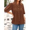 imagePRETTYGARDEN Womens 2025 Summer Short Lantern Sleeve Tops Loose Fit Button Down Shirt Casual Pleated V Neck BlousesBrown