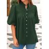 imagePRETTYGARDEN Womens 2025 Summer Short Lantern Sleeve Tops Loose Fit Button Down Shirt Casual Pleated V Neck BlousesDark Green