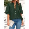 imagePRETTYGARDEN Womens 2025 Summer Short Lantern Sleeve Tops Loose Fit Button Down Shirt Casual Pleated V Neck BlousesDark Green
