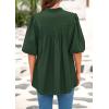 imagePRETTYGARDEN Womens 2025 Summer Short Lantern Sleeve Tops Loose Fit Button Down Shirt Casual Pleated V Neck BlousesDark Green