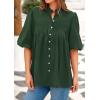 imagePRETTYGARDEN Womens 2025 Summer Short Lantern Sleeve Tops Loose Fit Button Down Shirt Casual Pleated V Neck BlousesDark Green