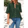 imagePRETTYGARDEN Womens 2025 Summer Short Lantern Sleeve Tops Loose Fit Button Down Shirt Casual Pleated V Neck BlousesDark Green