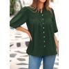 imagePRETTYGARDEN Womens 2025 Summer Short Lantern Sleeve Tops Loose Fit Button Down Shirt Casual Pleated V Neck BlousesDark Green