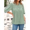 imagePRETTYGARDEN Womens 2025 Summer Short Lantern Sleeve Tops Loose Fit Button Down Shirt Casual Pleated V Neck BlousesLight Green