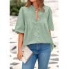 imagePRETTYGARDEN Womens 2025 Summer Short Lantern Sleeve Tops Loose Fit Button Down Shirt Casual Pleated V Neck BlousesLight Green