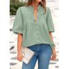 imagePRETTYGARDEN Womens 2025 Summer Short Lantern Sleeve Tops Loose Fit Button Down Shirt Casual Pleated V Neck BlousesLight Green