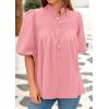 imagePRETTYGARDEN Womens 2025 Summer Short Lantern Sleeve Tops Loose Fit Button Down Shirt Casual Pleated V Neck BlousesPink