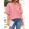 imagePRETTYGARDEN Womens 2025 Summer Short Lantern Sleeve Tops Loose Fit Button Down Shirt Casual Pleated V Neck BlousesPink