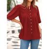 imagePRETTYGARDEN Womens 2025 Summer Short Lantern Sleeve Tops Loose Fit Button Down Shirt Casual Pleated V Neck BlousesRed