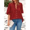 imagePRETTYGARDEN Womens 2025 Summer Short Lantern Sleeve Tops Loose Fit Button Down Shirt Casual Pleated V Neck BlousesRed