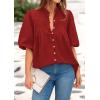 imagePRETTYGARDEN Womens 2025 Summer Short Lantern Sleeve Tops Loose Fit Button Down Shirt Casual Pleated V Neck BlousesRed