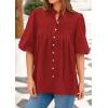 imagePRETTYGARDEN Womens 2025 Summer Short Lantern Sleeve Tops Loose Fit Button Down Shirt Casual Pleated V Neck BlousesRed