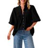 imagePRETTYGARDEN Womens 2025 Summer Short Lantern Sleeve Tops Loose Fit Button Down Shirt Casual Pleated V Neck BlousesBlack