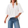imagePRETTYGARDEN Womens 2025 Summer Short Lantern Sleeve Tops Loose Fit Button Down Shirt Casual Pleated V Neck BlousesWhite