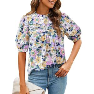 imagePRETTYGARDEN Floral Tops for Women Blouses Dressy Casual 2025 Summer Trendy Outfits Boho Pleated Short Sleeve ShirtsFloral Purple Pink