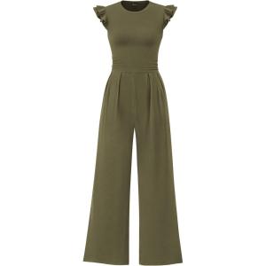 imagePRETTYGARDEN Summer Jumpsuits for Women Dressy Casual Ruffle Cap Sleeves Romper Crew Neck Rib Knit One Piece OutfitsArmy Green