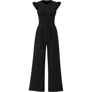 imagePRETTYGARDEN Summer Jumpsuits for Women Dressy Casual Ruffle Cap Sleeves Romper Crew Neck Rib Knit One Piece OutfitsBlack