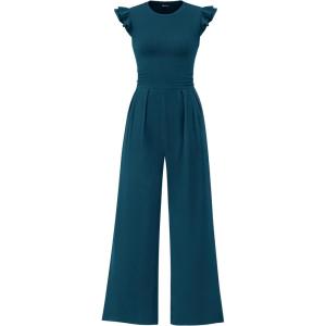 imagePRETTYGARDEN Summer Jumpsuits for Women Dressy Casual Ruffle Cap Sleeves Romper Crew Neck Rib Knit One Piece OutfitsLake Blue