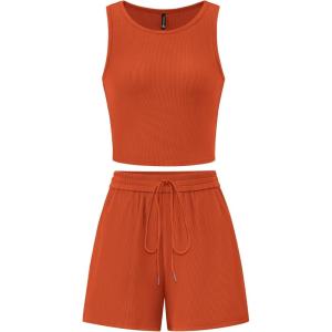 imagePRETTYGARDEN Womens 2 Piece Summer Outfits 2025 Casual Lounge Matching Sets Ribbed Knit Sleeveless Tank Tops and ShortsBrick Red