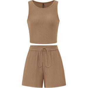 imagePRETTYGARDEN Womens 2 Piece Summer Outfits 2025 Casual Lounge Matching Sets Ribbed Knit Sleeveless Tank Tops and ShortsCamel