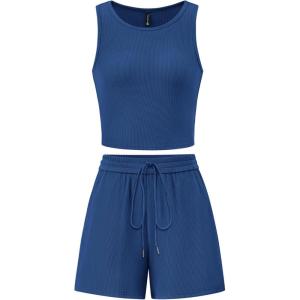 imagePRETTYGARDEN Womens 2 Piece Summer Outfits 2025 Casual Lounge Matching Sets Ribbed Knit Sleeveless Tank Tops and ShortsDark Blue