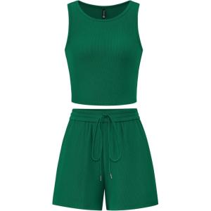 imagePRETTYGARDEN Womens 2 Piece Summer Outfits 2025 Casual Lounge Matching Sets Ribbed Knit Sleeveless Tank Tops and ShortsGreen