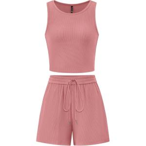 imagePRETTYGARDEN Womens 2 Piece Summer Outfits 2025 Casual Lounge Matching Sets Ribbed Knit Sleeveless Tank Tops and ShortsPink