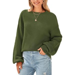 imagePRETTYGARDEN Womens 2024 Winter Chunky Knit Sweater Casual Long Lantern Sleeve Crewneck Pullover Jumper TopsArmy Green
