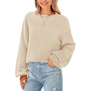 imagePRETTYGARDEN Womens 2024 Winter Chunky Knit Sweater Casual Long Lantern Sleeve Crewneck Pullover Jumper TopsBeige