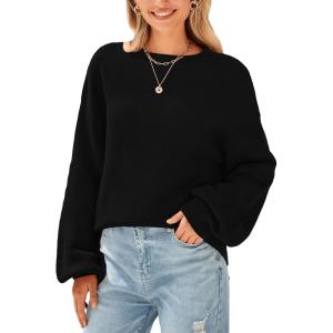 imagePRETTYGARDEN Womens 2024 Winter Chunky Knit Sweater Casual Long Lantern Sleeve Crewneck Pullover Jumper TopsBlack