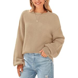 imagePRETTYGARDEN Womens 2024 Winter Chunky Knit Sweater Casual Long Lantern Sleeve Crewneck Pullover Jumper TopsKhaki
