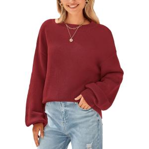 imagePRETTYGARDEN Womens 2024 Winter Chunky Knit Sweater Casual Long Lantern Sleeve Crewneck Pullover Jumper TopsWine Red