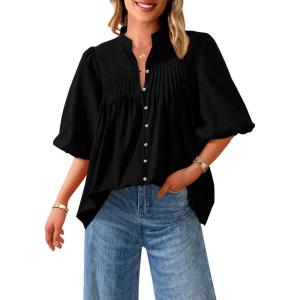 imagePRETTYGARDEN Womens 2025 Summer Short Lantern Sleeve Tops Loose Fit Button Down Shirt Casual Pleated V Neck BlousesBlack