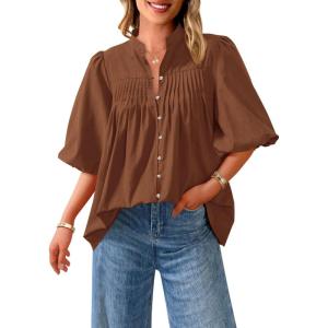 imagePRETTYGARDEN Womens 2025 Summer Short Lantern Sleeve Tops Loose Fit Button Down Shirt Casual Pleated V Neck BlousesBrown