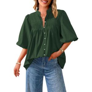 imagePRETTYGARDEN Womens 2025 Summer Short Lantern Sleeve Tops Loose Fit Button Down Shirt Casual Pleated V Neck BlousesDark Green