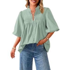 imagePRETTYGARDEN Womens 2025 Summer Short Lantern Sleeve Tops Loose Fit Button Down Shirt Casual Pleated V Neck BlousesLight Green