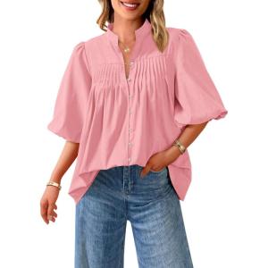imagePRETTYGARDEN Womens 2025 Summer Short Lantern Sleeve Tops Loose Fit Button Down Shirt Casual Pleated V Neck BlousesPink