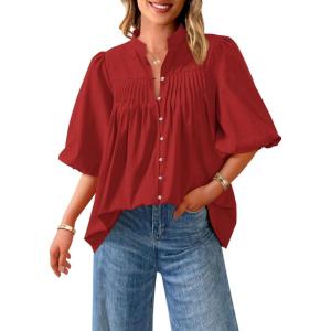 imagePRETTYGARDEN Womens 2025 Summer Short Lantern Sleeve Tops Loose Fit Button Down Shirt Casual Pleated V Neck BlousesRed