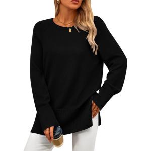 imagePRETTYGARDEN Womens Knit Spring Sweaters Long Sleeve Pullover Crewneck Split Hem Loose Oversized Tunic Fall Sweater TopBlack