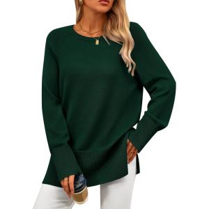 imagePRETTYGARDEN Womens Knit Spring Sweaters Long Sleeve Pullover Crewneck Split Hem Loose Oversized Tunic Fall Sweater TopDark Green