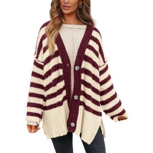 imagePRETTYGARDEN Womens Winter Striped Cardigan Sweaters Long Sleeve Button Down Open Front Chunky Knit Oversized Sweater CoatStriped Beige Wine Red