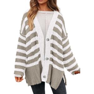imagePRETTYGARDEN Womens Winter Striped Cardigan Sweaters Long Sleeve Button Down Open Front Chunky Knit Oversized Sweater CoatStriped Grey White