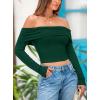 imagePRETTYGARDEN Off The Shoulder Top for Women 2025 Long Sleeve Shirts Trendy Going Out Crop Tops Spring Fashion ClothesDark Green