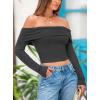 imagePRETTYGARDEN Off The Shoulder Top for Women 2025 Long Sleeve Shirts Trendy Going Out Crop Tops Spring Fashion ClothesDark Grey