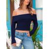 imagePRETTYGARDEN Off The Shoulder Top for Women 2025 Long Sleeve Shirts Trendy Going Out Crop Tops Spring Fashion ClothesNavy